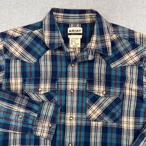 Ariat Huntleigh Retro Fit Pearl Snap Flannel Shirt Men Large Blue Plaid Western